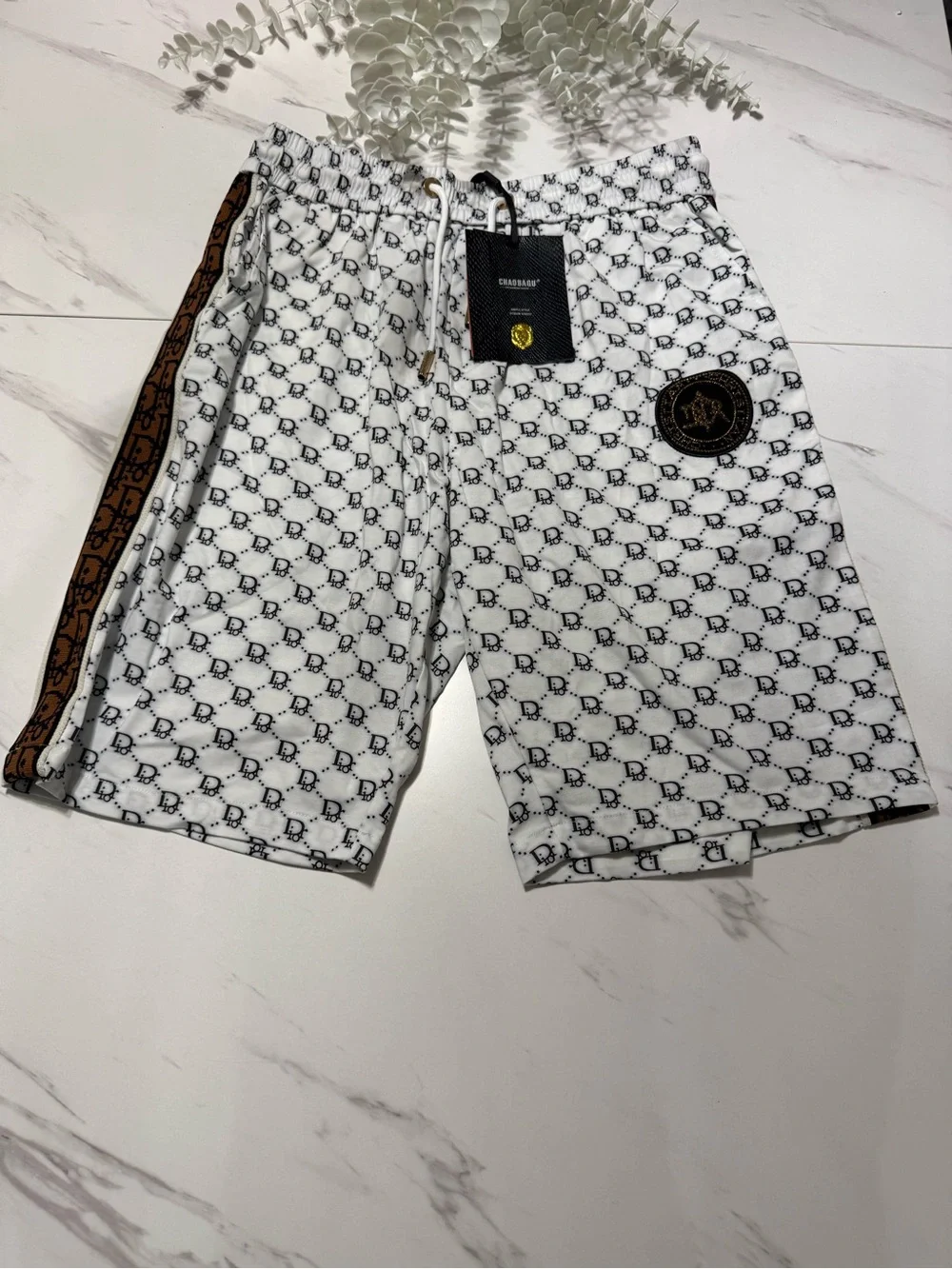 Men's White Patterned Swim Shorts with Brown Trim